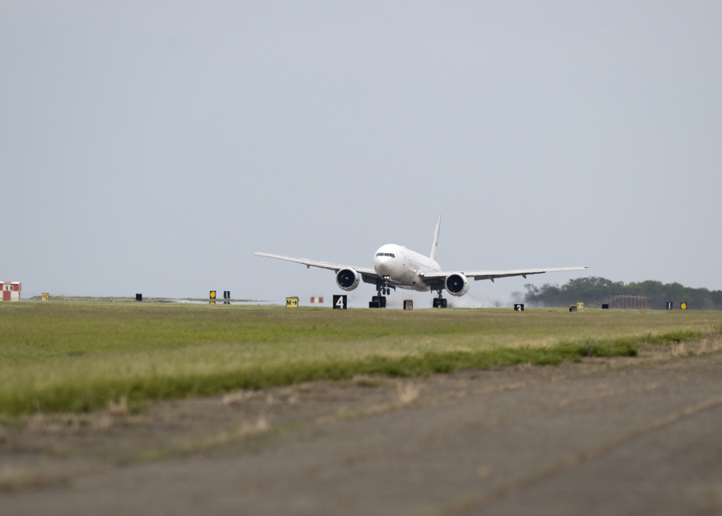 NASA's Boeing 777-200ER arrives back at the Langley Research Center after a three-hour ferry flight from Waco, Texas, on 22 April 2026. Image: NASA/Ryan Hill