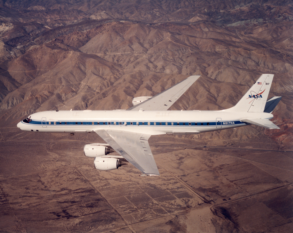 NASA's now-retired DC-8 airborne science laboratory is seen in flight over an undisclosed location on 18 February 2000. Image: NASA/Jim Ross