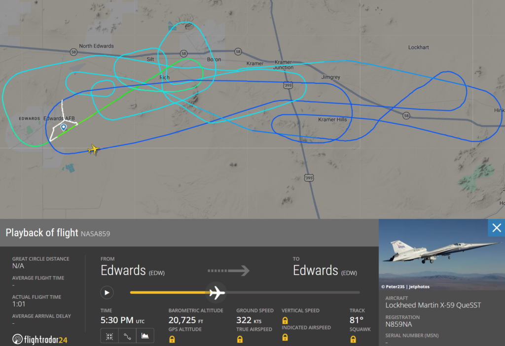 This screenshot shows the flight path taken by the X-59 during its fourth test flight on 27 March 2026. During this flight, the aircraft exceeded an altitude of 20,000ft (6,096m) and a speed of 334kts (384mph or 618kph). Image: Screenshot via Flightradar24