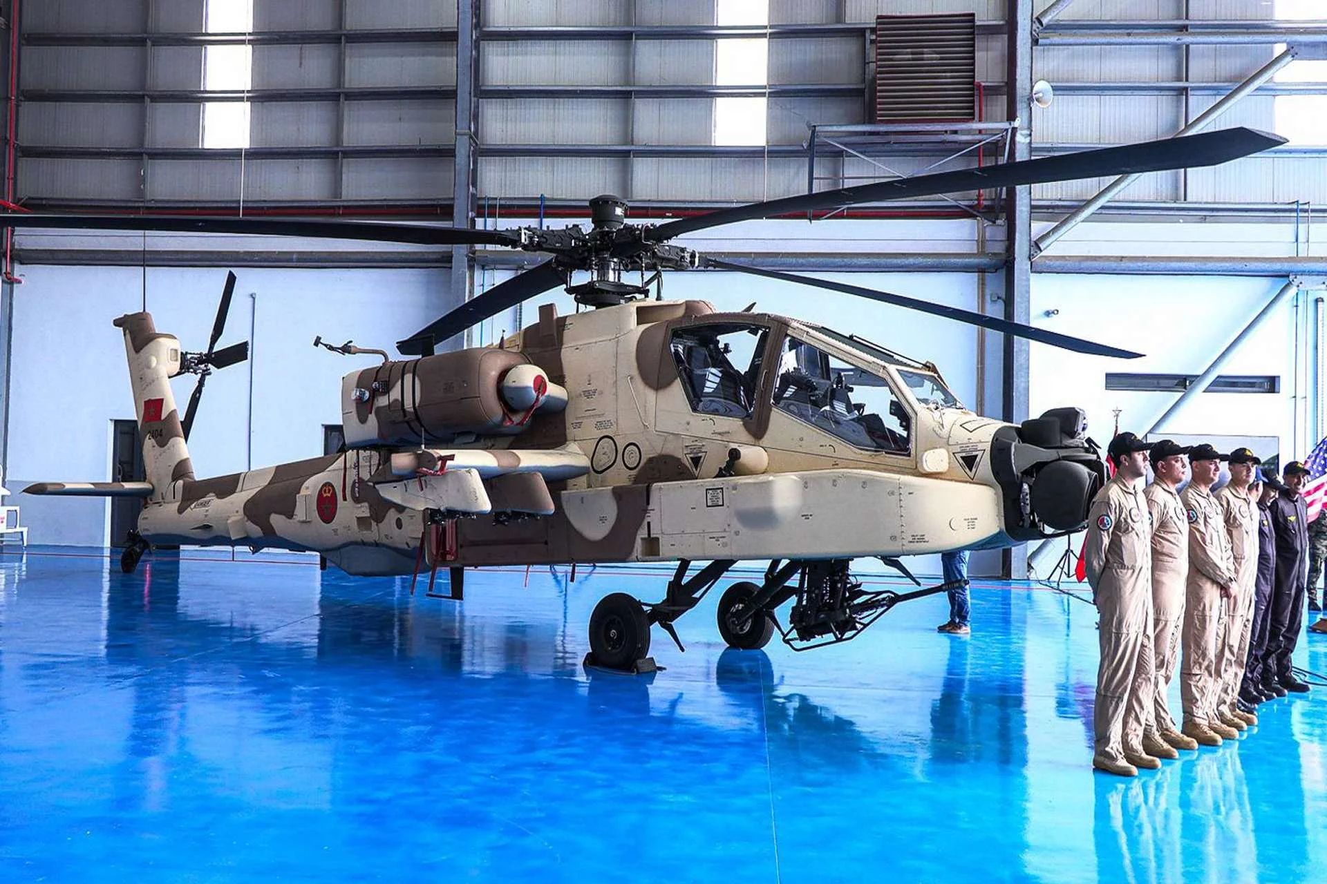 One of the first six AH-64E Apache Guardian attack helicopters to be delivered to the Royal Moroccan Air Force in March 2025. Morocco has 24 AH-64Es currently on order, with 12 having been delivered, but could grow its fleet to 36 aircraft. Image: RMAF