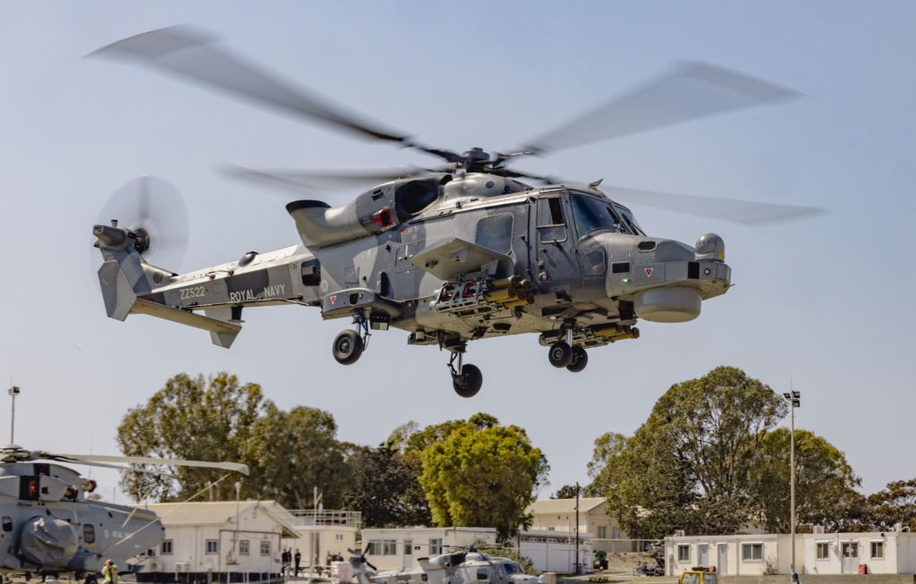 A Wildcat HMA2 (serial ZZ522) operated by the Royal Navy Fleet Air Arm's 815 Naval Air Squadron takes off from RAF Akrotiri armed with several Martlet missiles on 12 March 2026. Image: MOD Crown Copyright/Cpl Nathan Edwards