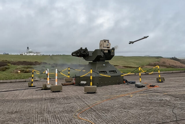 An RAF-operated Rapid Sentry SHORAD system launches a LMM during a live-fire training drill at the Air Defence Range at Manorbier, Pembrokeshire Coast National Park, in Wales on 18 March 2024. Image: MOD Crown Copyright/AS1 Jessica Eglon