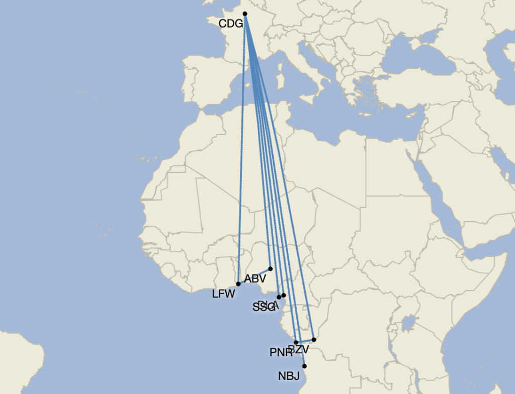 Map of Air France's A330 routes