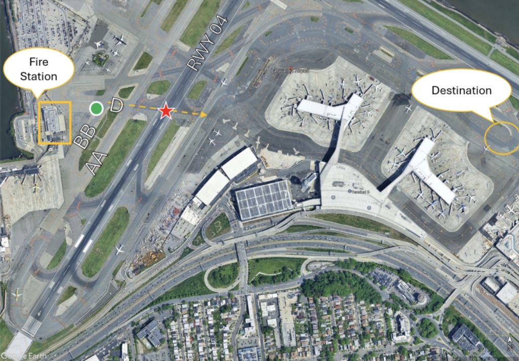 Fire truck wanted to cross LaGuardia runway at the indicated point