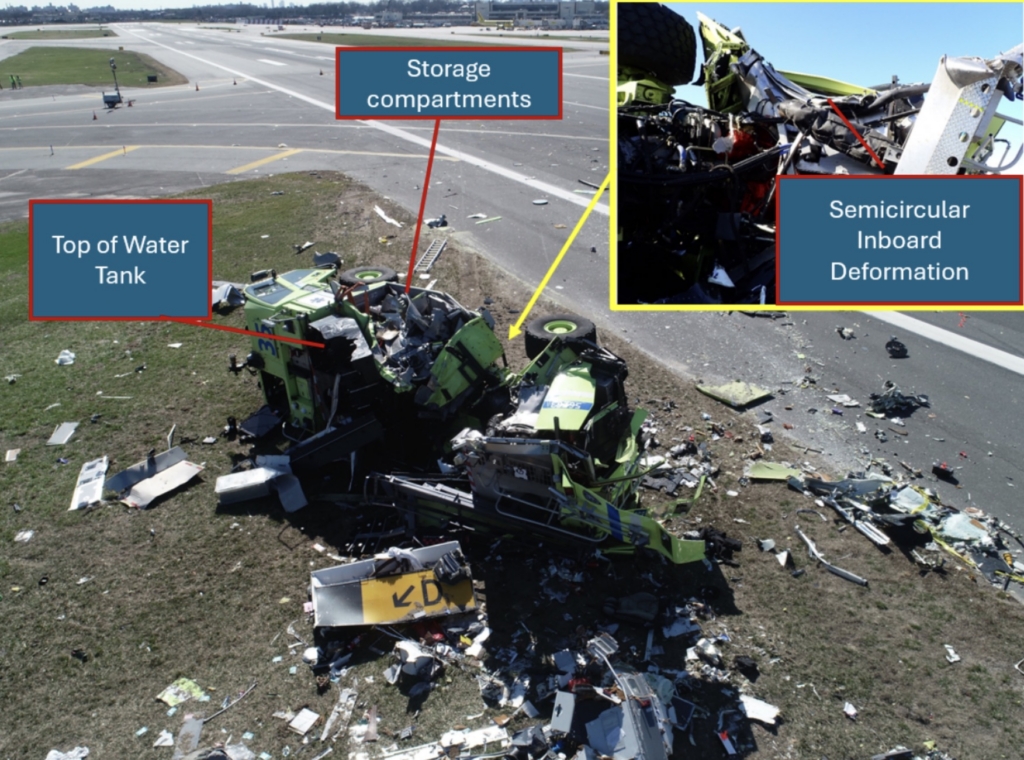 Wreckage of the fire truck after being hit by an incoming air canada CRJ 900 at LaGuardia