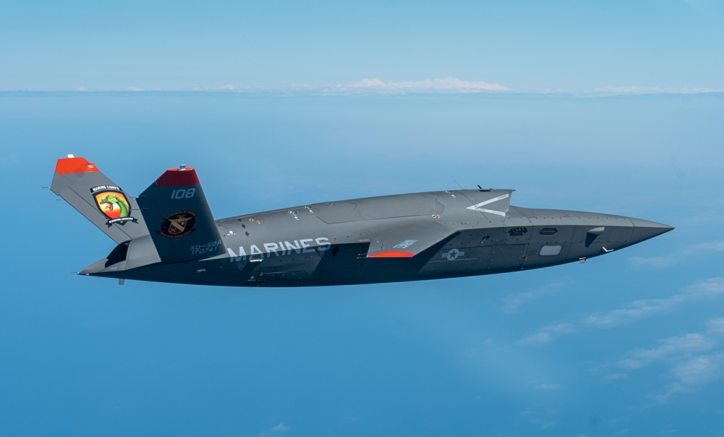One of the USMC's RATO-configured XQ-58A Valkyrie prototypes is seen in flight during a test mission from Eglin AFB, Florida, on 23 February 2023. Image: USAF/Master Sgt John McRell