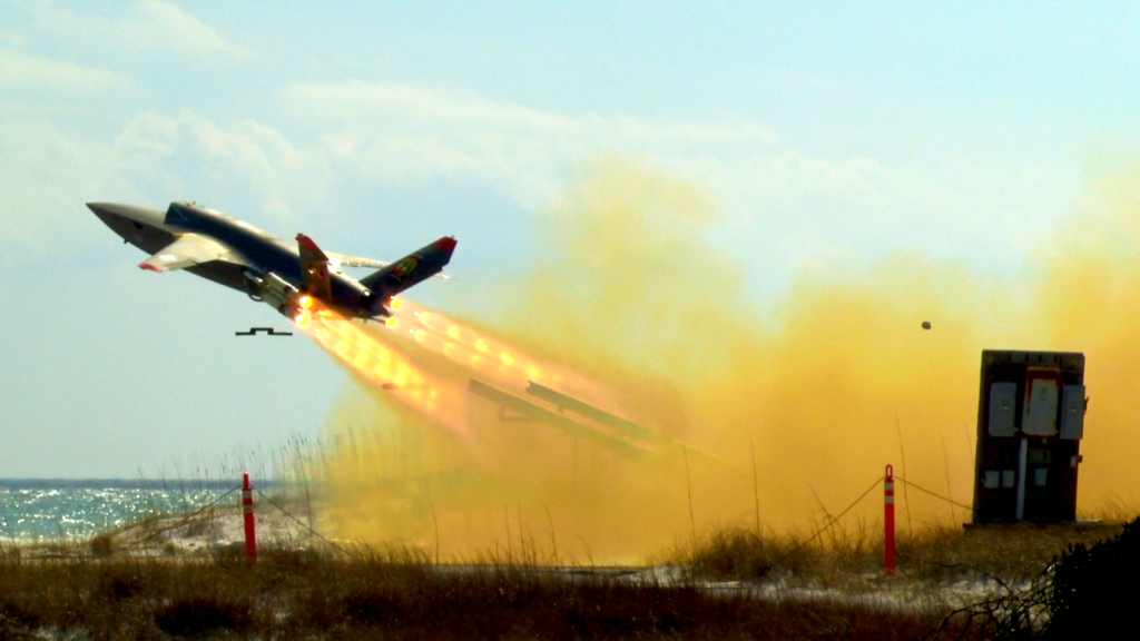 A RATO-configured XQ-58A Valkyrie operated by the USMC launches for a test mission from Eglin AFB on 23 February 2024. Image: USAF/Matthew Veasley