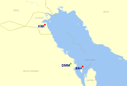 Map showing Dammam, Bahrain and Kuwait City airports and neighbouring countries.