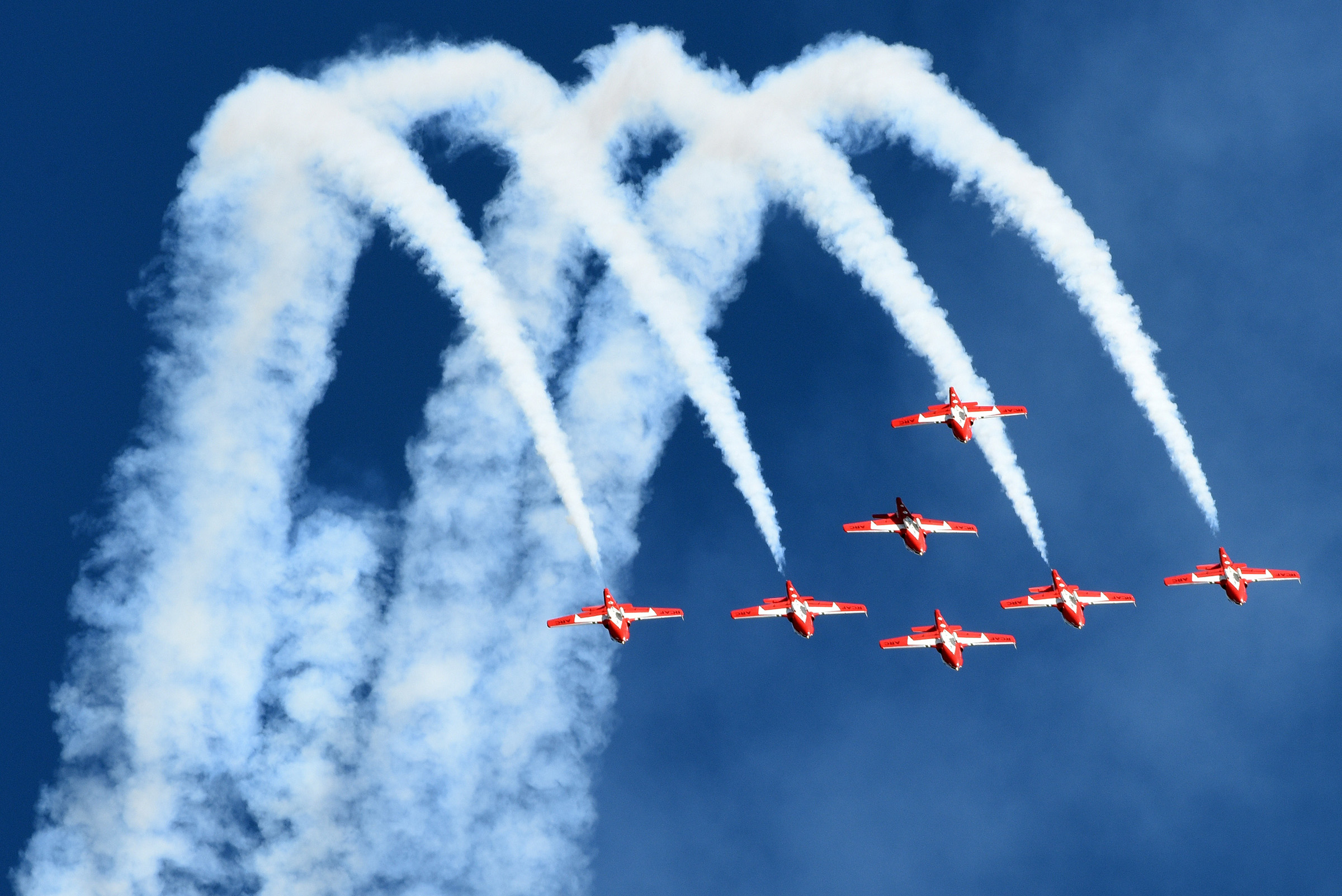 The Canadian Forces Snowbirds perform aerial acrobatics for a large crowd at Gowen Field during the Gowen Thunder Open House and Air Show in Boise, Idaho on October 14, 2017.