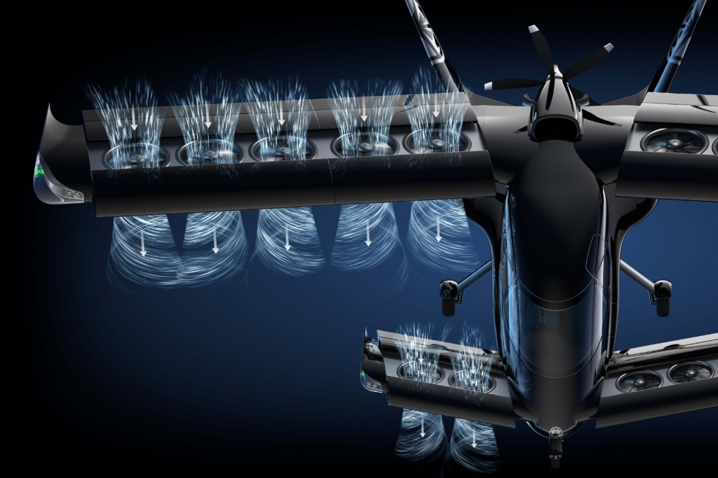 Graphic showing airflow around open fans for lift of Horizon Aircraft's Cavorite X7 VTOL