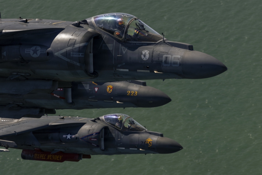 Marine Corps AV-8B Harrier II in formation up close