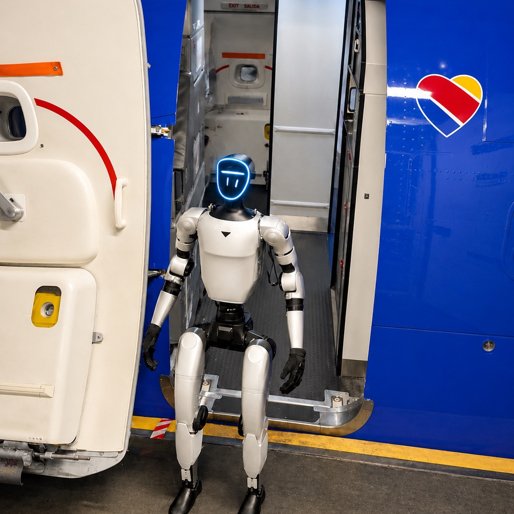 Humanoid robot on southwest airlines flight