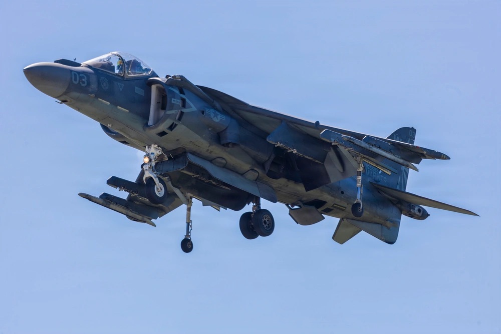 US Marines AV-8B Harrier II sundown ceremony