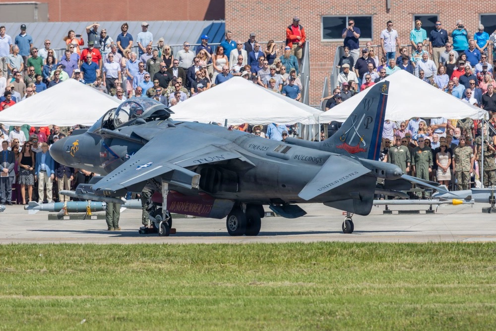 US Marines AV-8B Harrier II sundown ceremony
