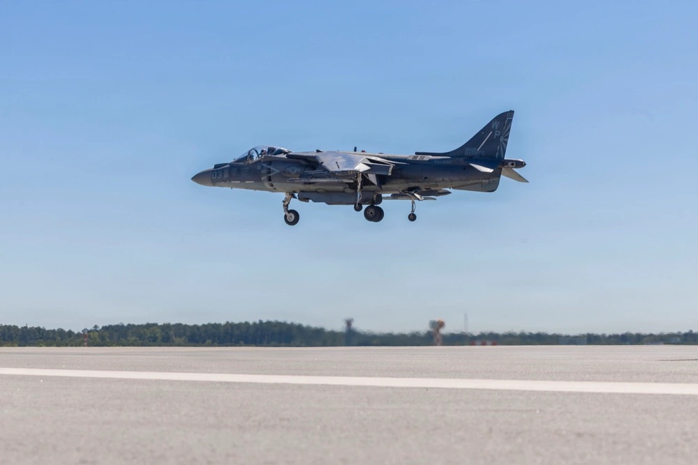 US Marines AV-8B Harrier II sundown ceremony