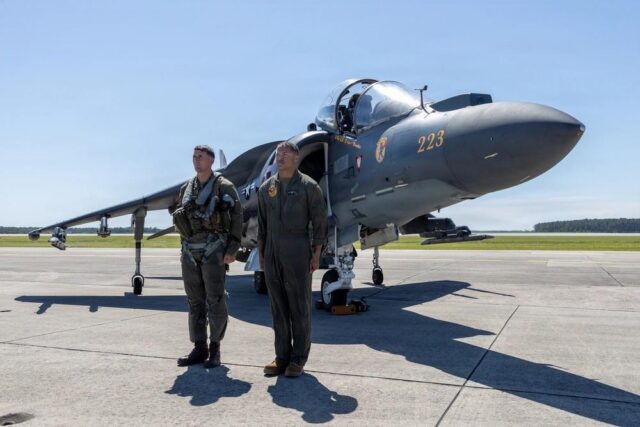 US Marines AV-8B Harrier II sundown ceremony