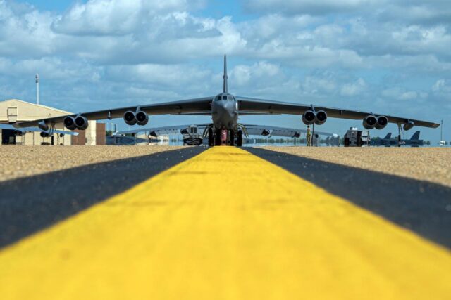 A US Air Force B-52H Stratofortress bomber assigned to the 307th Bomb Wing goes through an engine check June 24, 2021, at Barksdale Air Force Base, Louisiana. Eight Pratt & Whitney TF33 engines power the B-52H to give it the capability of flying at high subsonic speeds.