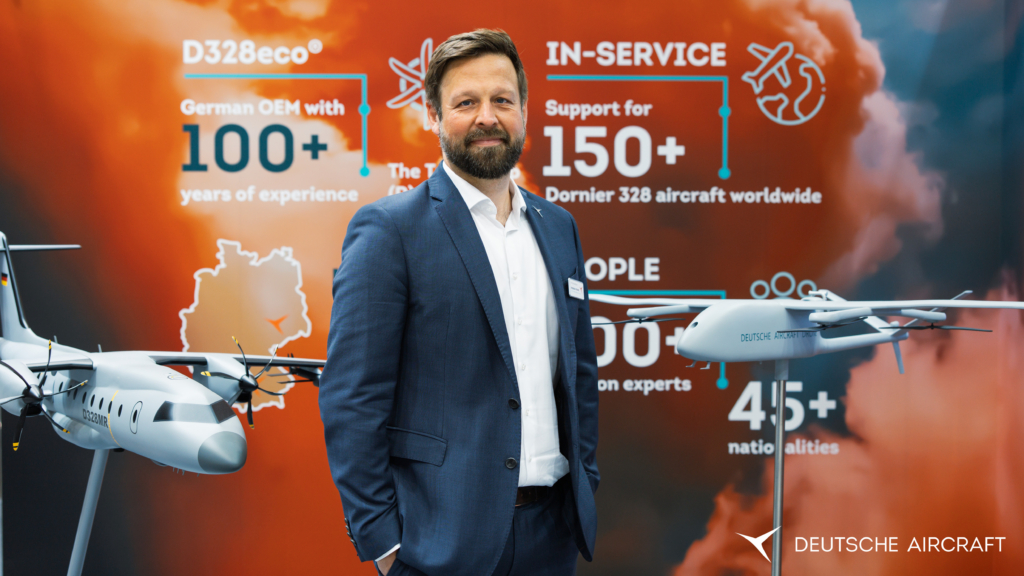 Frederic Fischer, Director Product Roadmap & Innovation at Deutsche Aircraft, with new drone