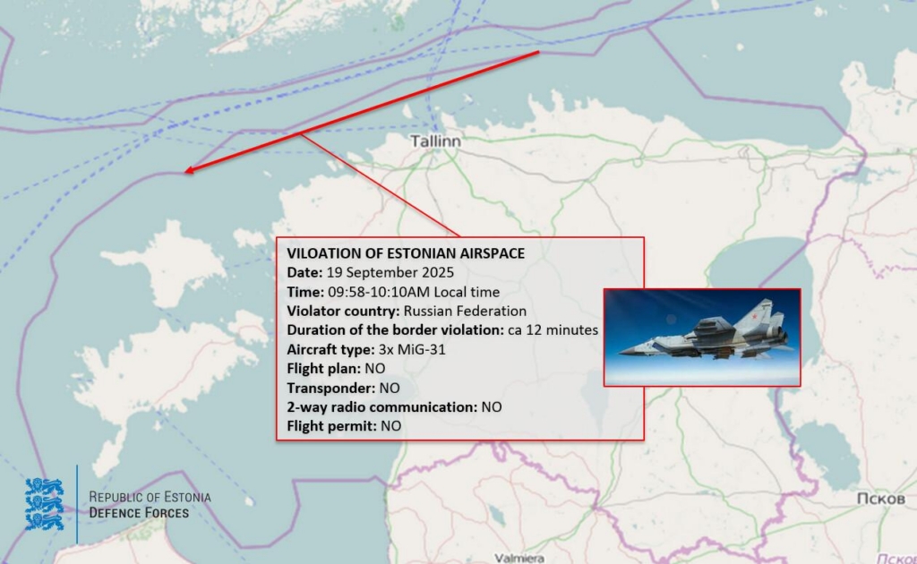 A chart showing the flight path of three Russian MiG-31 fighter jets that crossed into Estonia’s skies
