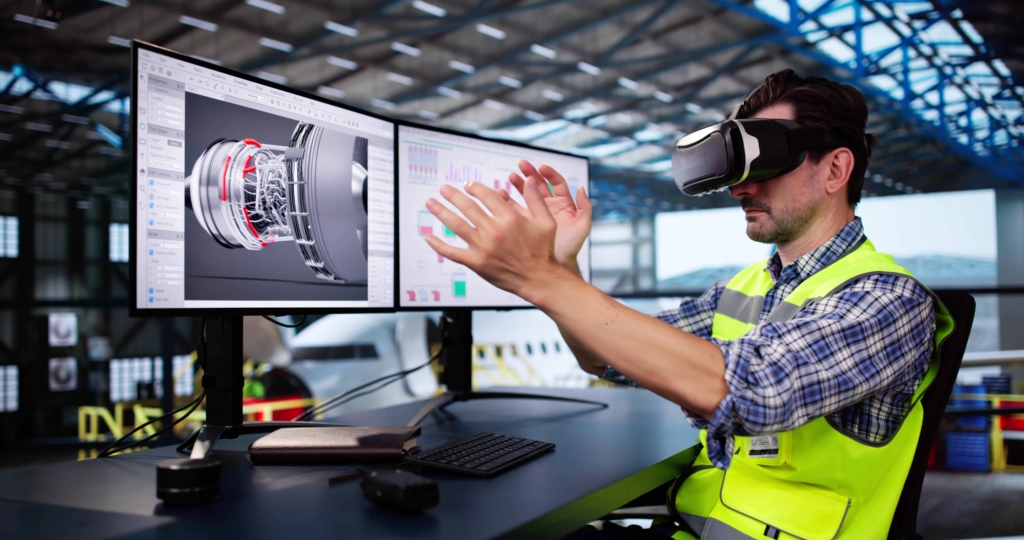 Engineer uses VR to simulate an aircraft digital prototype design