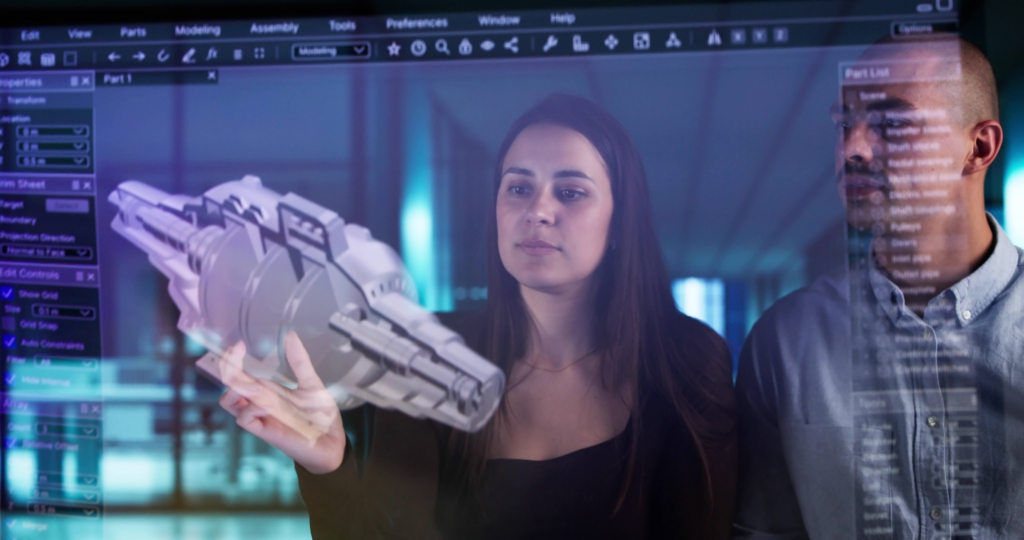 Engineers inspect a simulation of a new type of aircraft