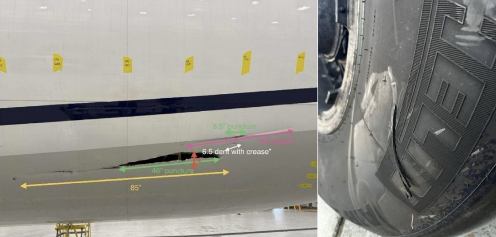 Damage to United Airlines 767 from lightpole strike