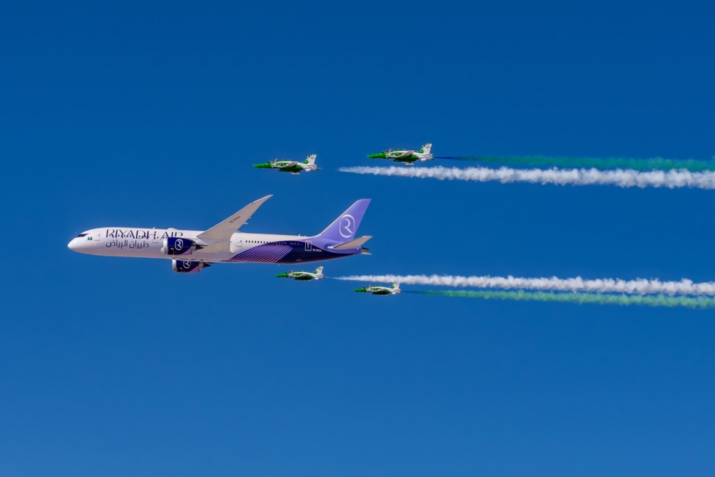 riyadh air new boeing 787 accompanied by saudi hawks
