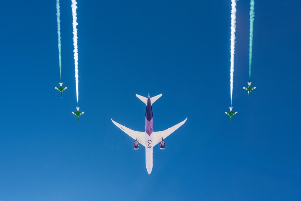 riyadh air new boeing 787 accompanied by saudi hawks