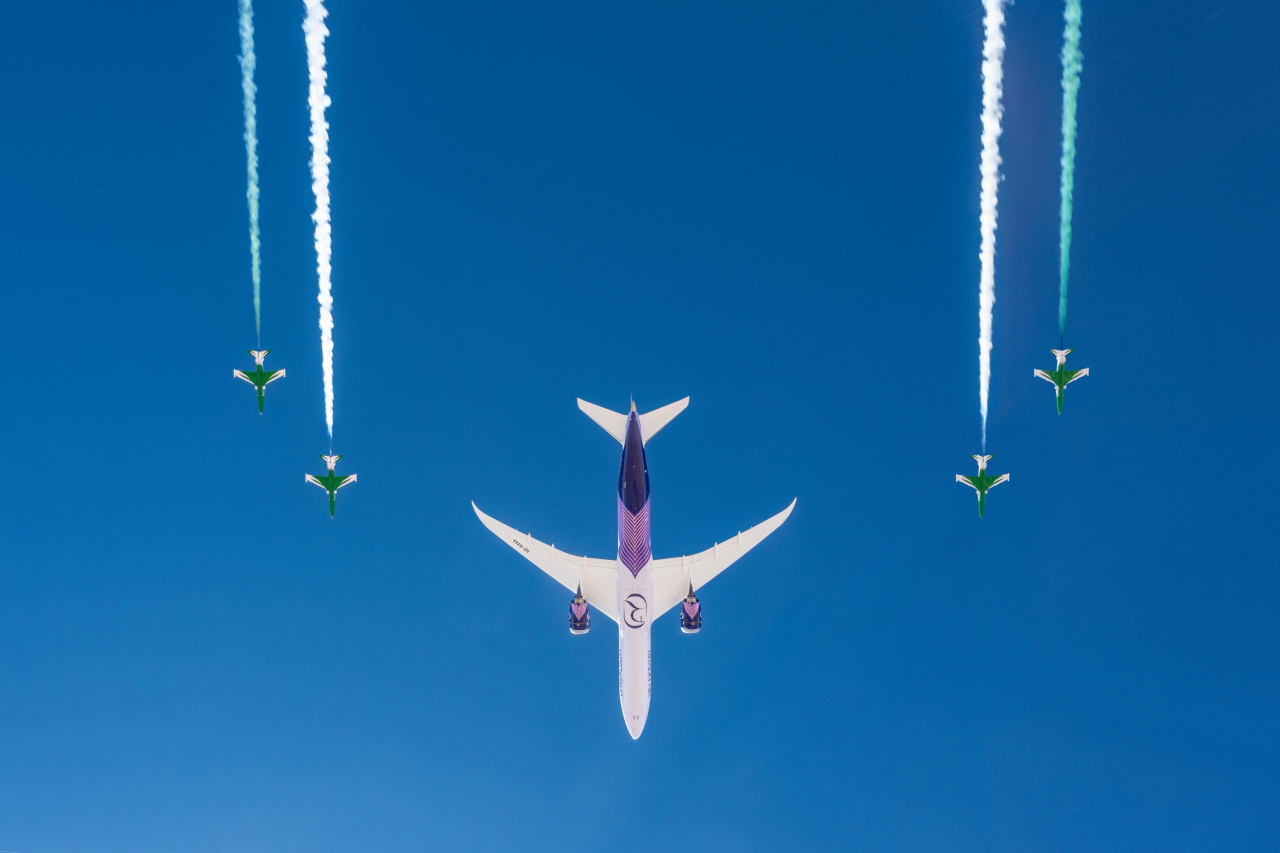 riyadh air new boeing 787 accompanied by saudi hawks