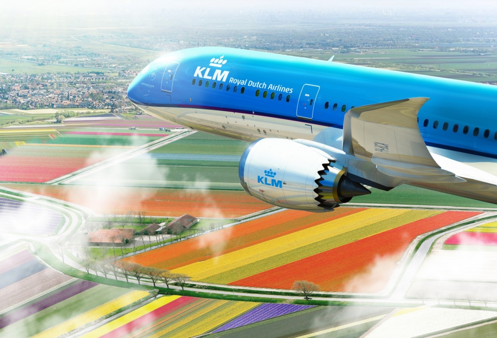 KLM aircraft over dutch tulip fields
