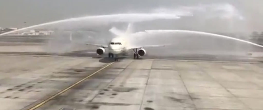 Saudi water cannon salute damages Airbus A320