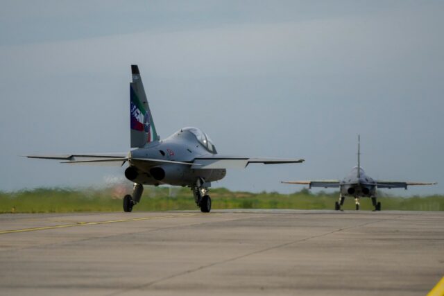 Leonardo M-346 Master light attack aircraft and a Baykar Kizilema