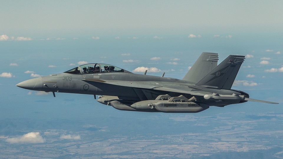 An RAAF EA-18G Growler from No 6 Squadron flying to Shoalwater Bay to participate in air operations for Exercise Talisman Saber 2017.