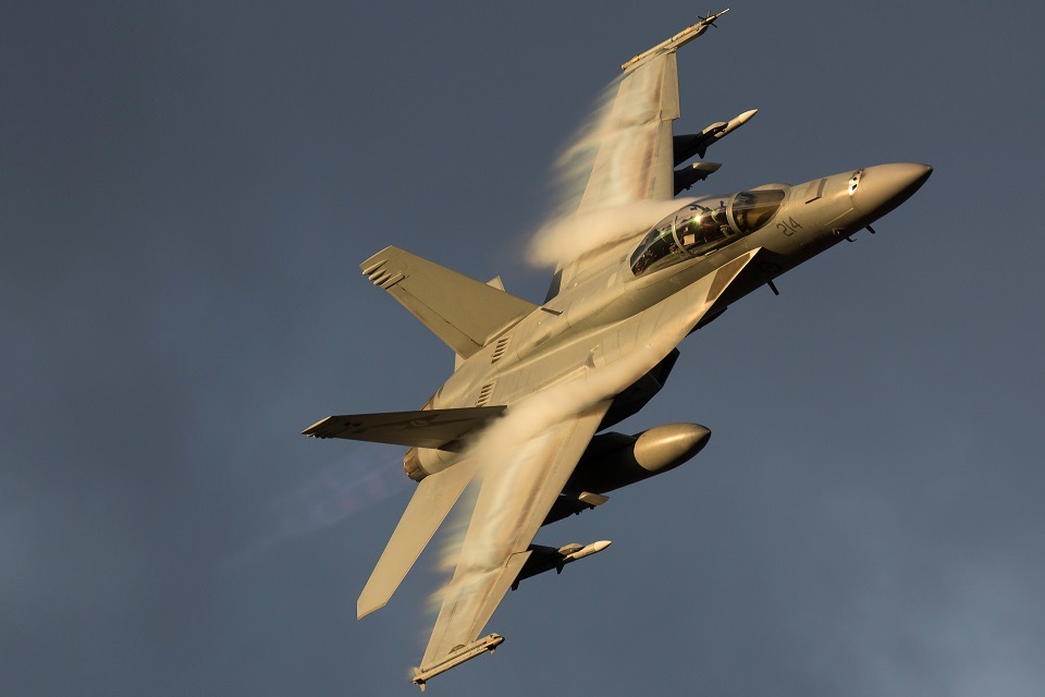 An F/A-18F Super Hornet provides a flying display showcasing its capabilities during Canberra's Skyfire.