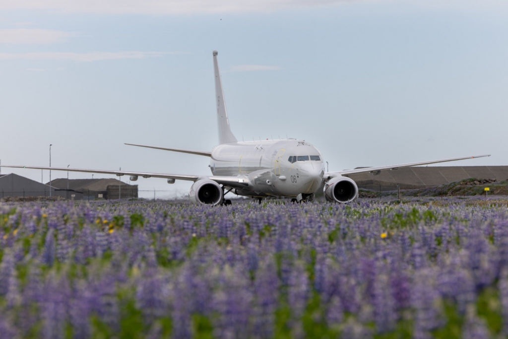 An RAF P-8 Poseidon arrives in Iceland, one of the support aircraft for the Red Arrows