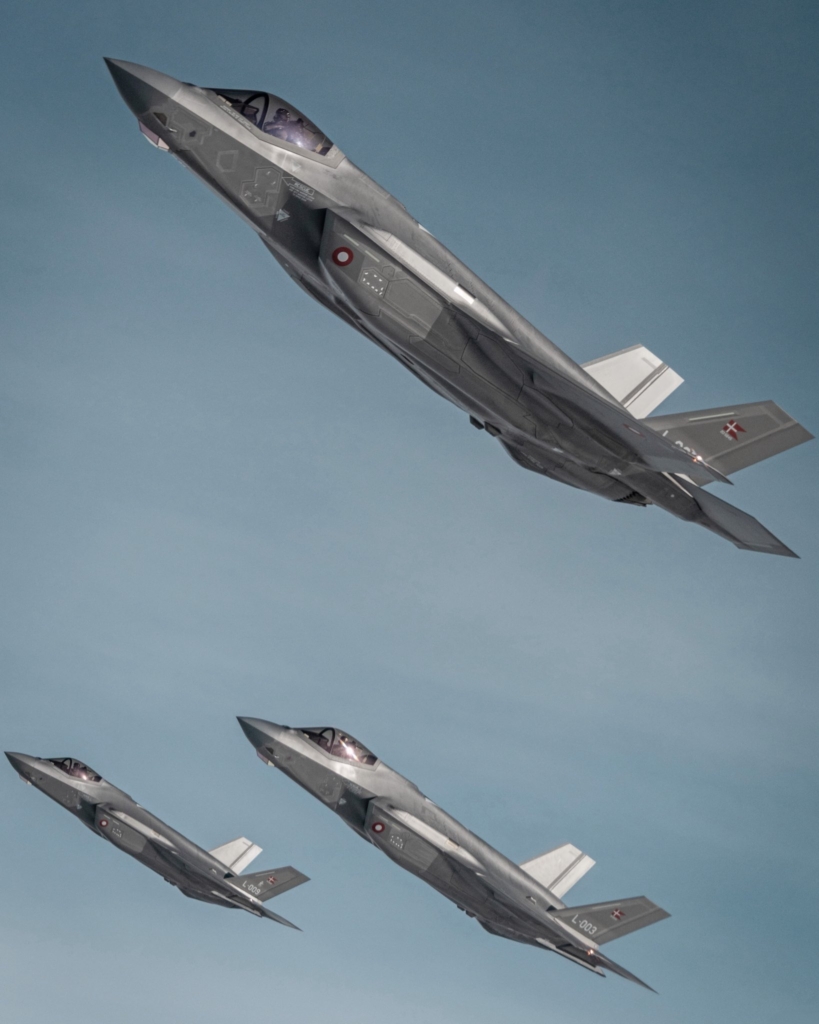 Three Danish F-35As fly together in formation during a mission as part of Exercise Ramstein Flag 2026. Image: NATO AIRCOM via X