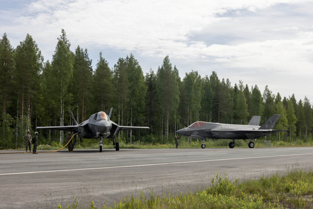 A pair of F-35Bs assigned to the USMC's VMFA-224 'Fighting Bengals' conduct ACE operations on a Finnish highway for the first time on 9 June 2026. This ACE drill was carried out during Exercise Ramstein Flag 2026. Image: USMC/Cpl Mya Seymour