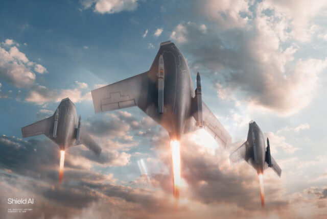 This digital rendering shows three X-BAT CCAs being launched for a mission. Each are shown equipped with two AGM-88G Advanced Anti-Radiation Guided Missile-Extended Ranges (AARGM-ERs). Image: Shield AI