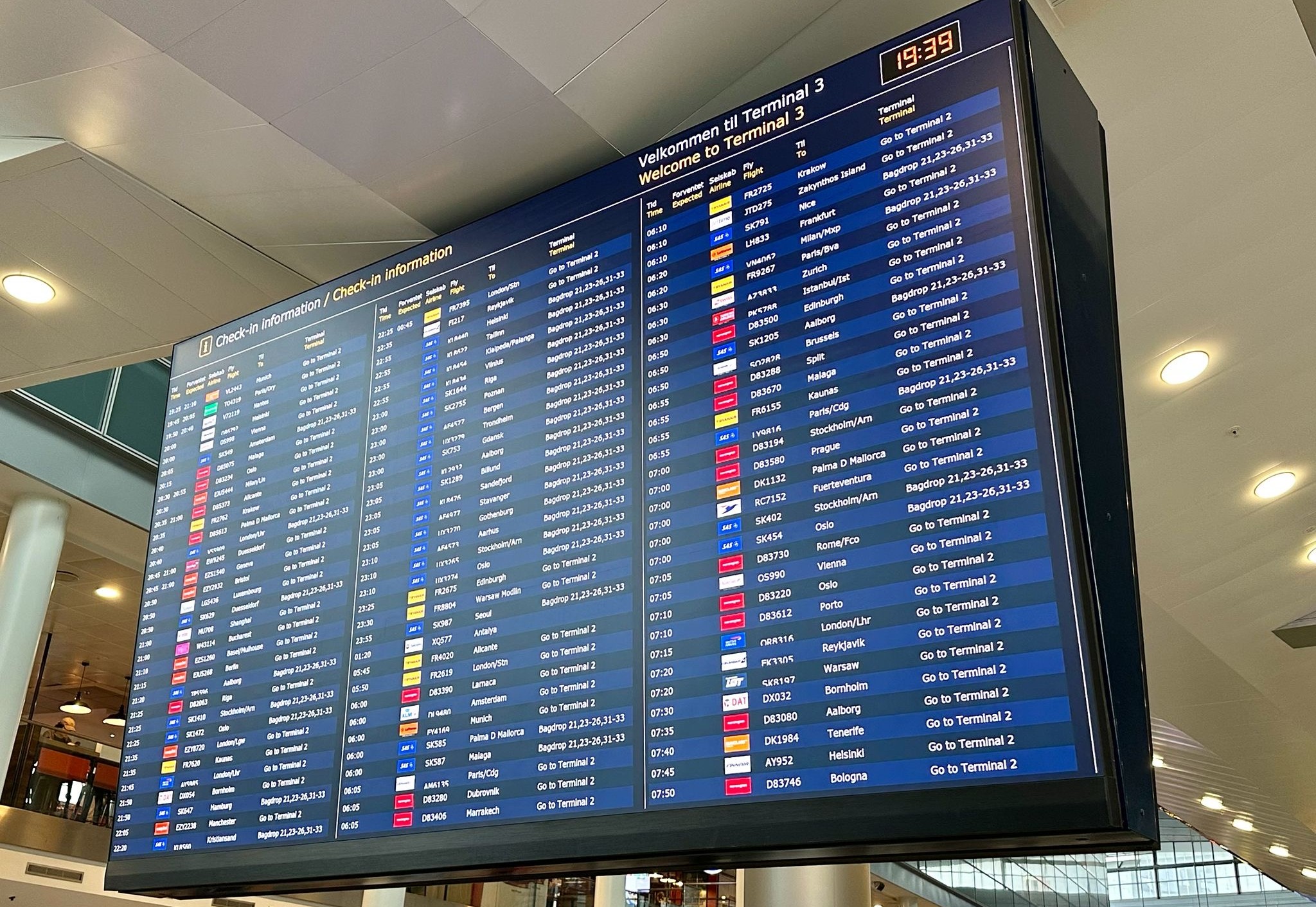 Departure board at Copenhagen Airport