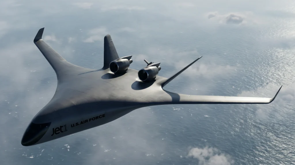 JetZero Jet1 demonstrator cruising along the coastline over blue ocean water.