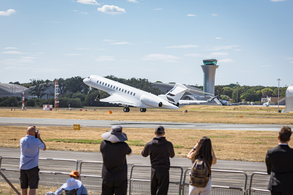 Bombardier Global 8000 flying at Farnborough Airshow