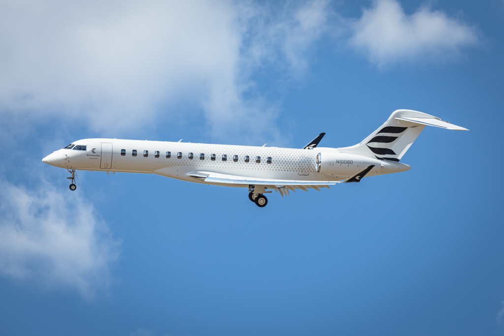 Bombardier Global 8000 flying at Farnborough Airshow