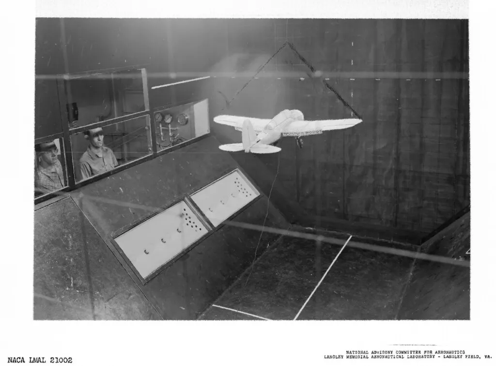 A 1/12th scale model of the SBN-1 is tested in the 12-Foot Free-Flight Tunnel’s test section in 1940.