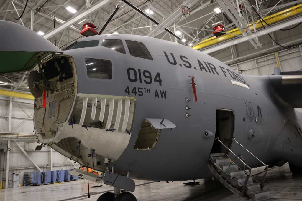 The newly formed nose panel undergoes an initial fit check on the C-17 on April 20, 2026 at Wright-Patterson AFB in Dayton, Ohio.