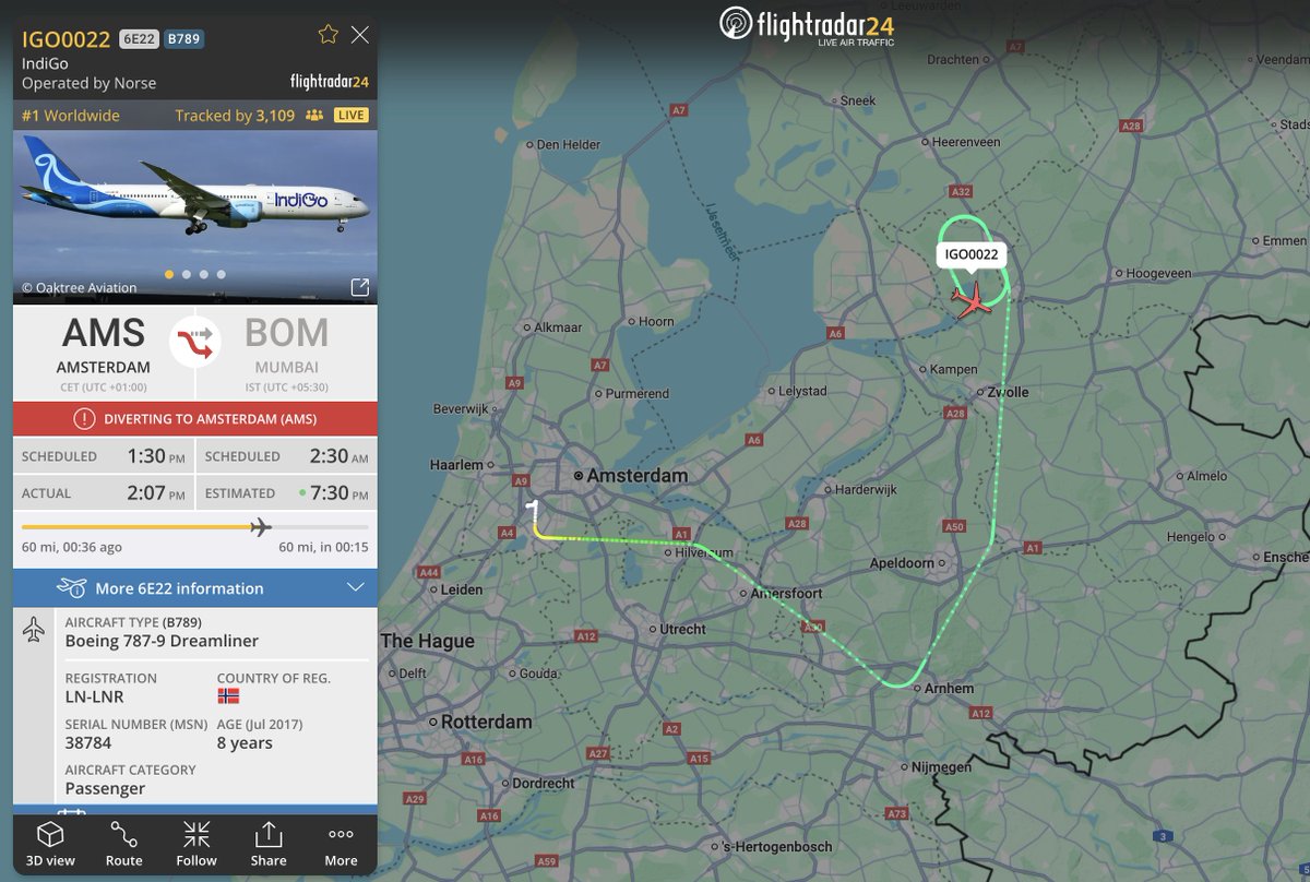 6E22, Amsterdam-Mumbai, holding shortly after take off from Amsterdam before making a return to the airfield