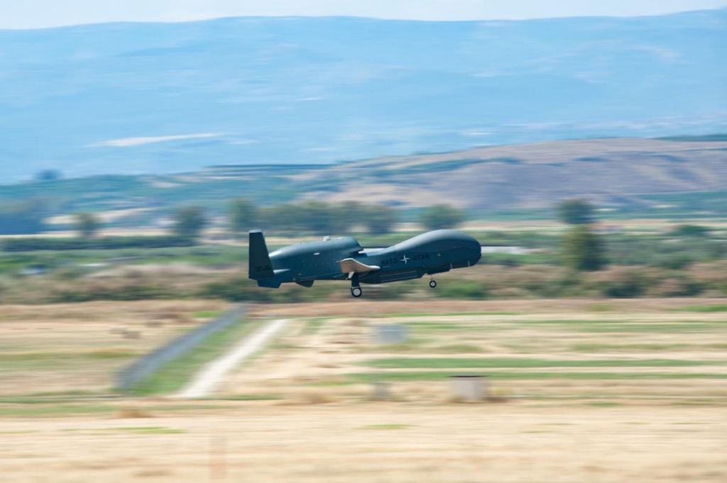 A NATO-owned RQ-4D Phoenix departs Italian Air Force Base Sigonella in support of NISRF operations.