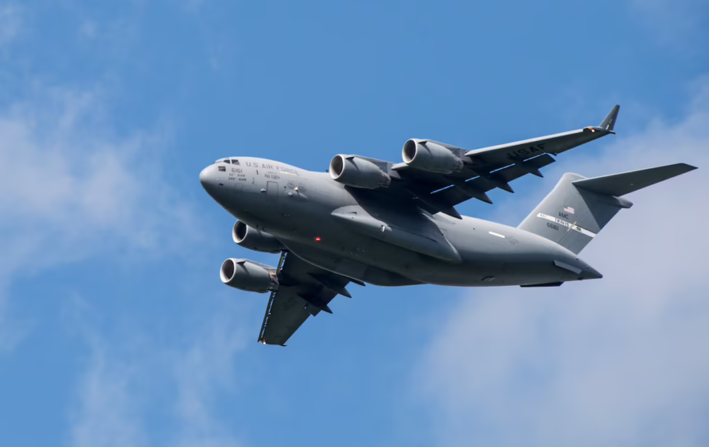 A U.S. Air Force C-17 Globemaster III heavy-lift transport aircraft flies over Travis Air force base, Calif_March 27, 2017