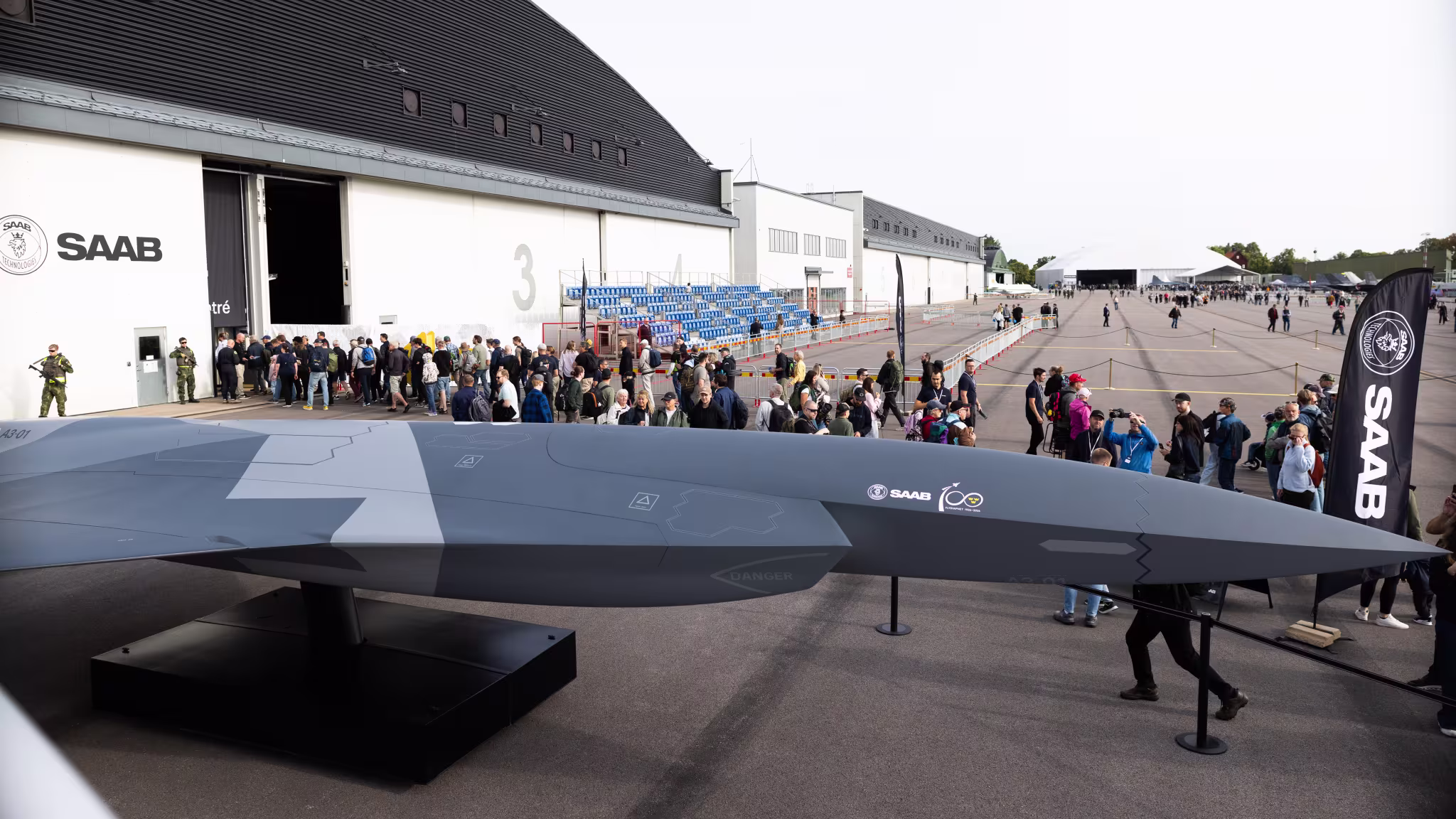 At the Jubilee Air Show at Malmen Air Base in Linköping, Sweden, Saab is showcasing a full-scale concept model of a future uncrewed combat air system.