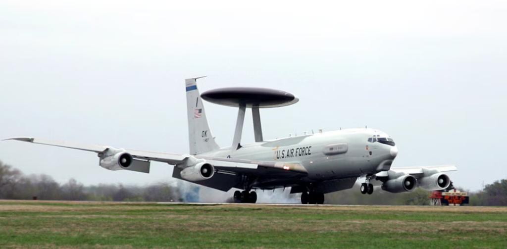 An E-3 Sentry airborne warning and control system aircraft, known as AWACS, lands at Tinker Air Force Base, Okla., March 23 after completing a mission. The first E-3 touched down at Tinker exactly 30 years to the day and began an new era for air surveillance. 