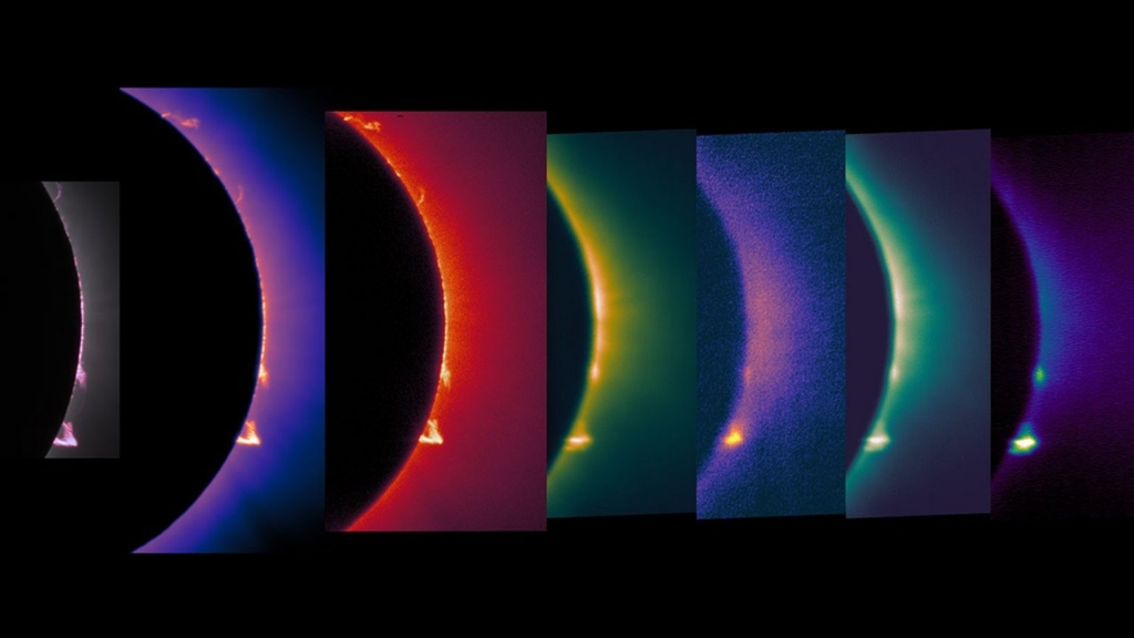 These images of the corona and solar prominences were taken in different wavelengths of visible and infrared light by imagers aboard a NASA’s WB-57 jet during the April 8, 2024, total solar eclipse. The same cameras will fly on a NASA WB-57 jet again during the Aug. 12 eclipse.
